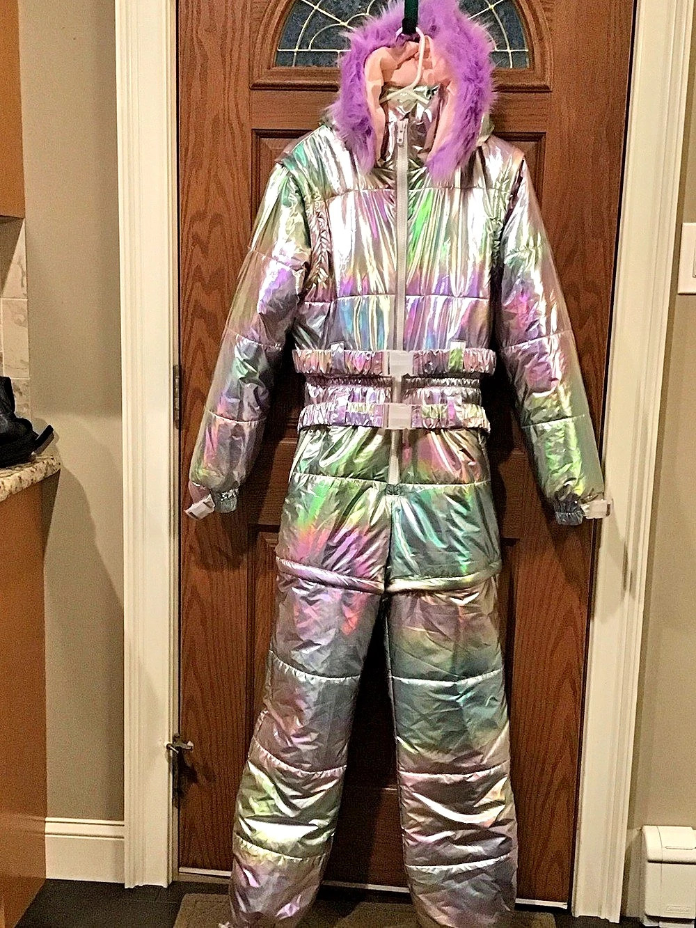 Club Exx Aurora Beam Holographic Lilac Puffer Hooded Snowsuit. Large
